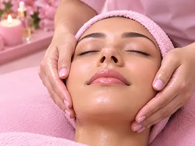 A refreshing Glow Facial treatment in a serene beauty salon setting with glowing skin results.