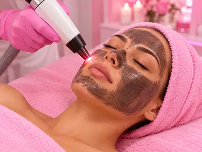 A client receiving a Hollywood Peel treatment, showcasing the rejuvenating laser facial process for brighter skin.