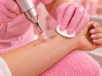 Laser tattoo removal session showing advanced technology on skin.