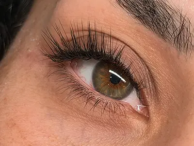 A beautifully arranged set of hybrid lash extensions showcasing a mix of classic and volume lashes for a fuller look.