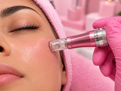 Microneedling treatment in progress, showcasing skin rejuvenation and collagen stimulation.