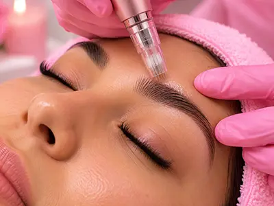 Microneedling treatment for brow growth enhancing fullness and definition.